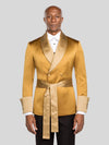 Mustard Gold Belted Satin Shawl-Collar Two-Button Double-Breasted Tuxedo Jacket - cover