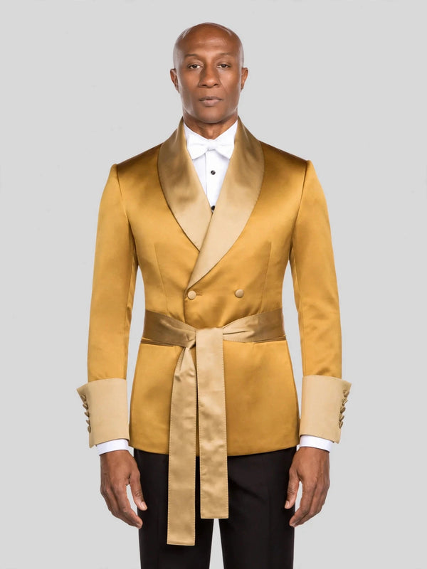 Mustard Gold Belted Satin Shawl-Collar Two-Button Double-Breasted Tuxedo Jacket - cover