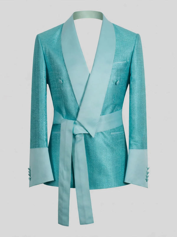 Aqua Mint Micro-Weave Satin Sash-Belt Shawl-Collar Tuxedo Jacket 07