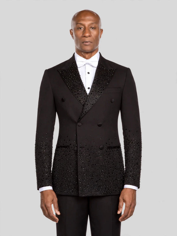 Onyx Jet Bead-Gradient Peak-Lapel Double-Breasted Tuxedo Jacket - cover