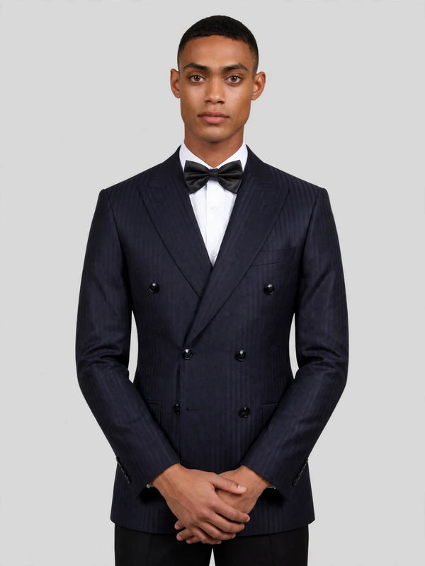 Midnight Navy Tonal Shadow-Stripe Six-Button Peak-Lapel Double-Breasted Suit Jacket 02