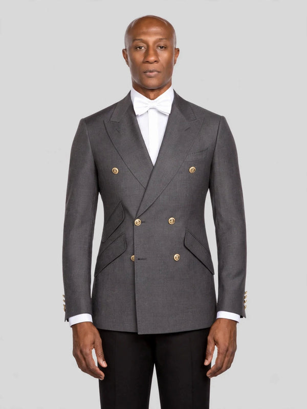 Charcoal Grey Gold-Button Slant-Flap Peak-Lapel Double-Breasted Suit Jacket - cover