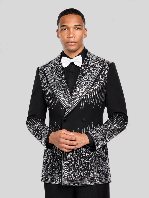 Onyx Silver Crystal Drip Peak-Lapel Double-Breasted Tuxedo Jacket 05