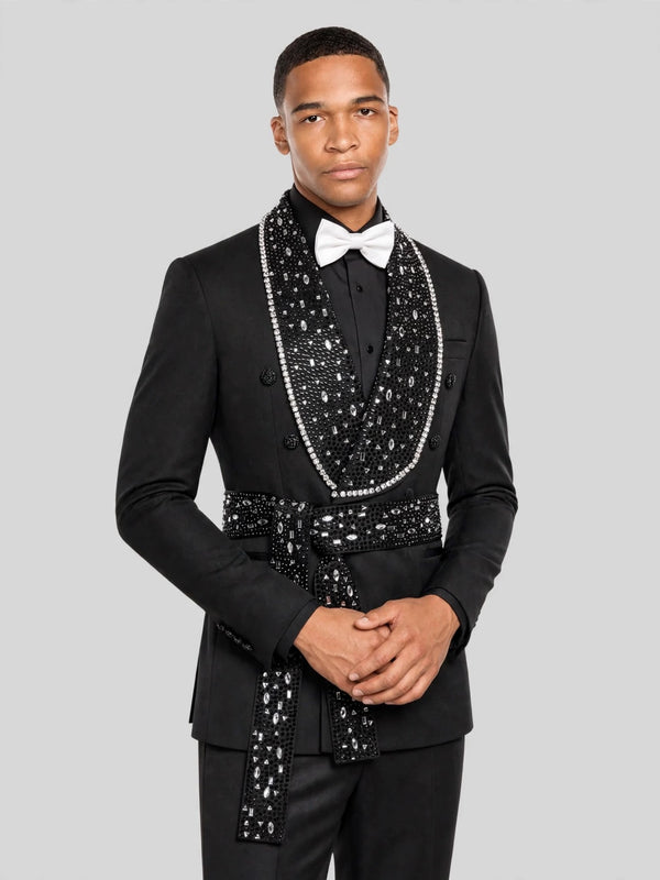 Onyx Silver Crystal Belted Shawl-Collar Double-Breasted Tuxedo Jacket 05