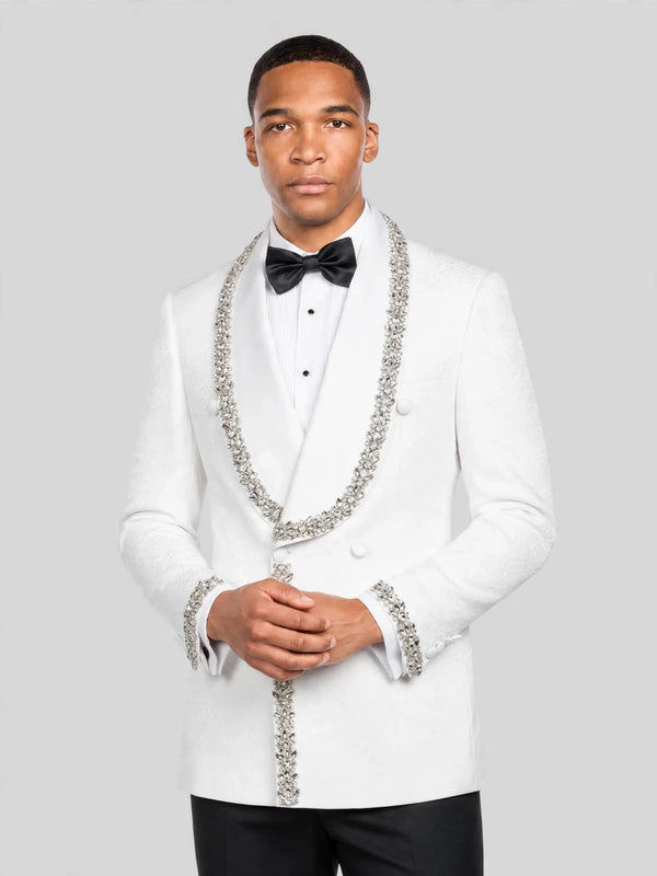 Ivory Silver Crystal-Trim Shawl-Collar Double-Breasted Tuxedo Jacket 02