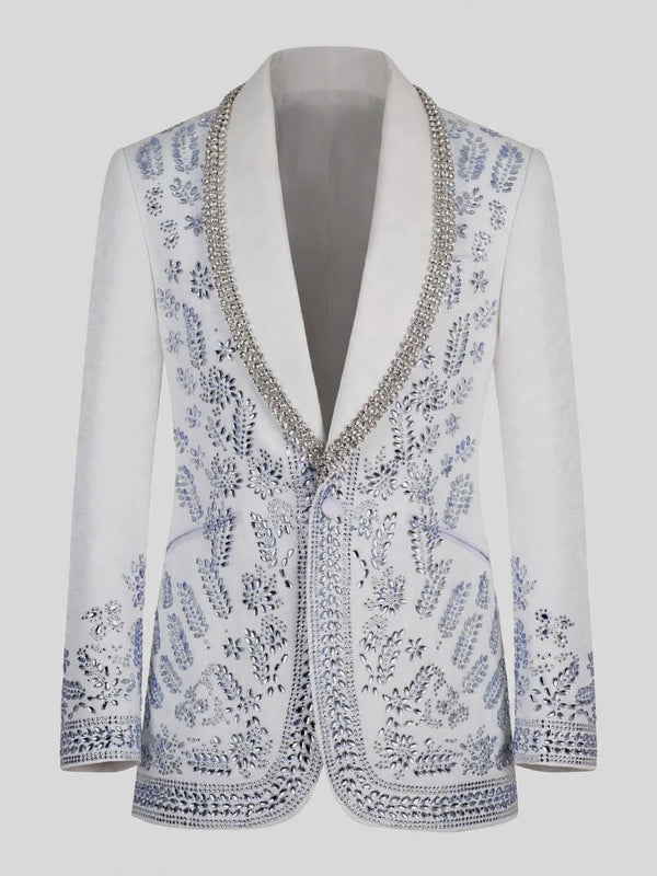 Ivory Silver Crystal Floral Shawl-Collar Tuxedo Jacket 07