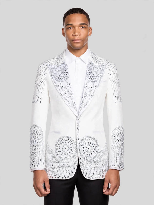 Ivory Silver Crystal Medallion Peak-Lapel Tuxedo Jacket 01