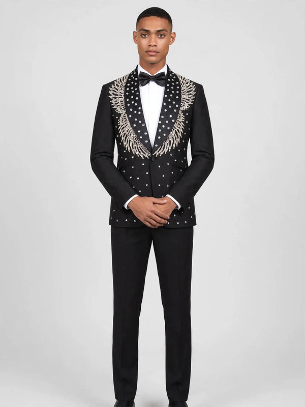 Onyx Silver Crystal Feather-Frond Shawl-Collar Tuxedo Jacket 02