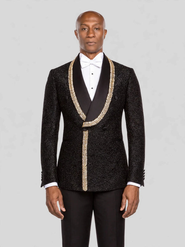 Onyx Gold Laurel-Leaf Crystal Shawl-Collar Double-Breasted Tuxedo Jacket - cover