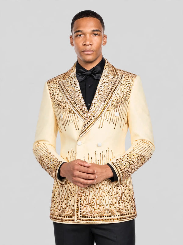 Cream Gold Crystal Cascade Peak-Lapel Double-Breasted Tuxedo Jacket 06