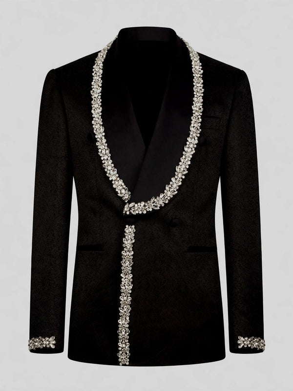 Onyx Matte Silver Crystal-Trim Shawl-Collar Double-Breasted Tuxedo Jacket 07