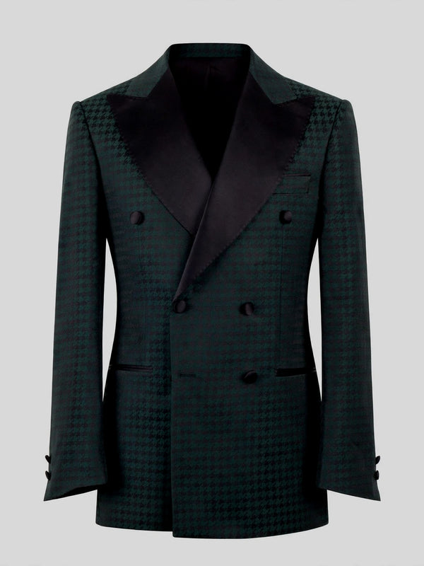 Forest Green Houndstooth Satin Peak-Lapel Six-Button Double-Breasted Tuxedo Jacket 07