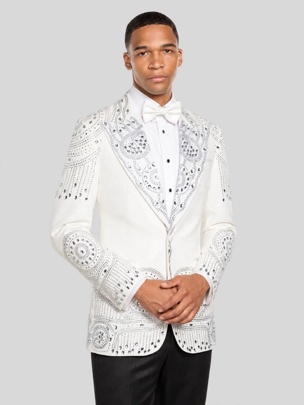 Ivory Silver Mandala-Lace Peak-Lapel Tuxedo Jacket 03