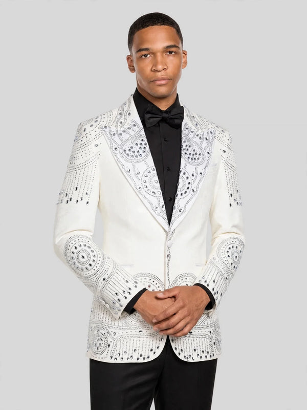 Ivory Silver Mandala-Lace Peak-Lapel Tuxedo Jacket 06