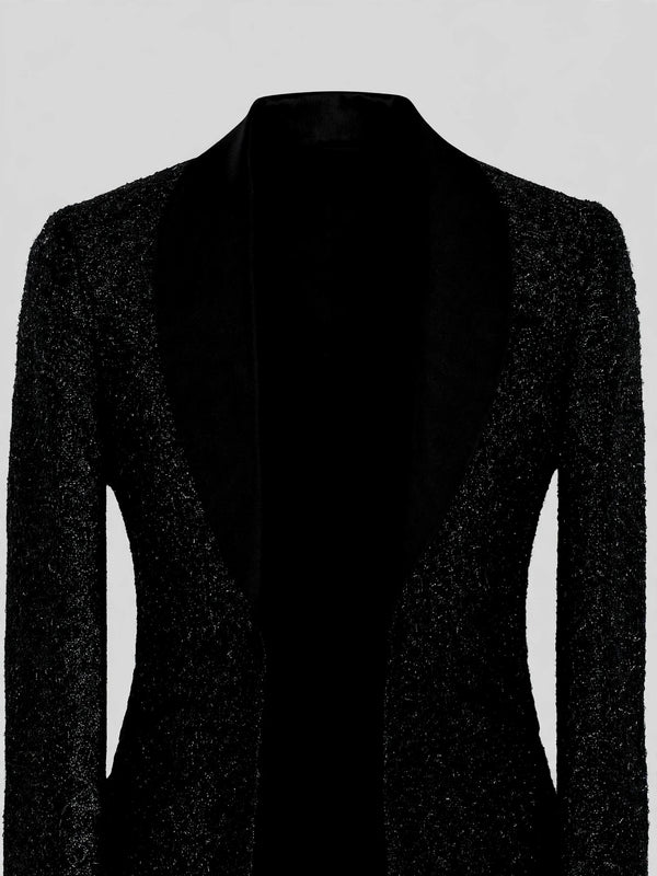 Onyx Glitter-Tweed Satin Shawl-Collar Tuxedo Jacket 08