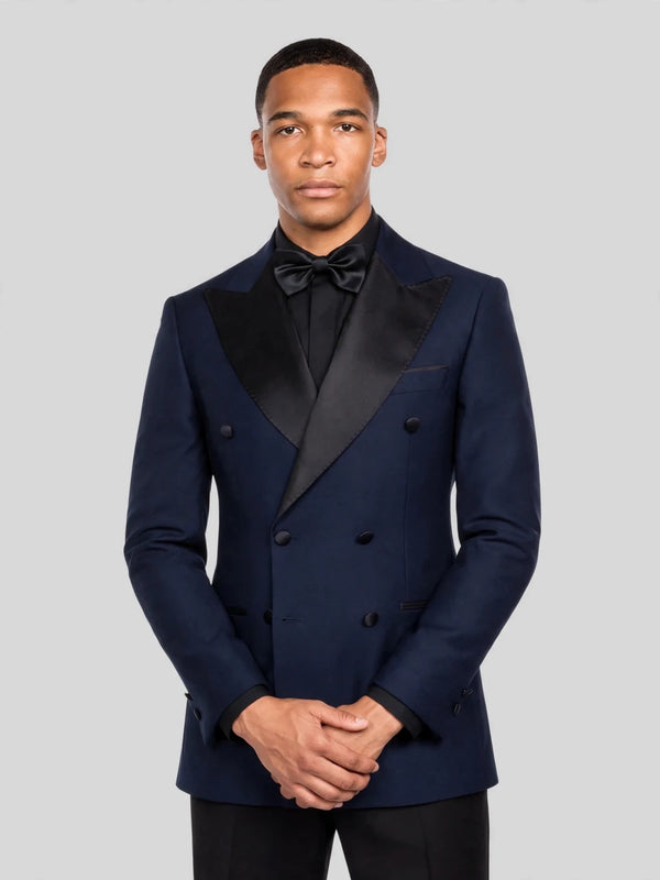Midnight Navy Satin Peak-Lapel Six-Button Double-Breasted Tuxedo Jacket 06