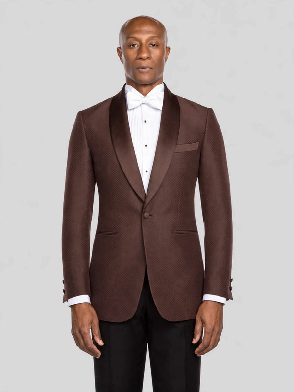 Chocolate Brown Diamond-Texture Shawl-Collar Tuxedo Jacket - cover