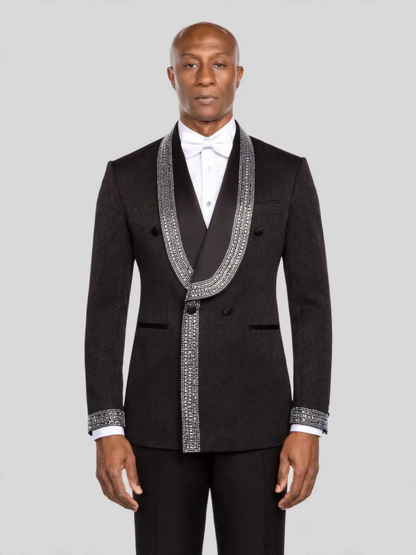 Onyx Silver Crystal-Mosaic Shawl-Collar Double-Breasted Tuxedo Jacket - cover