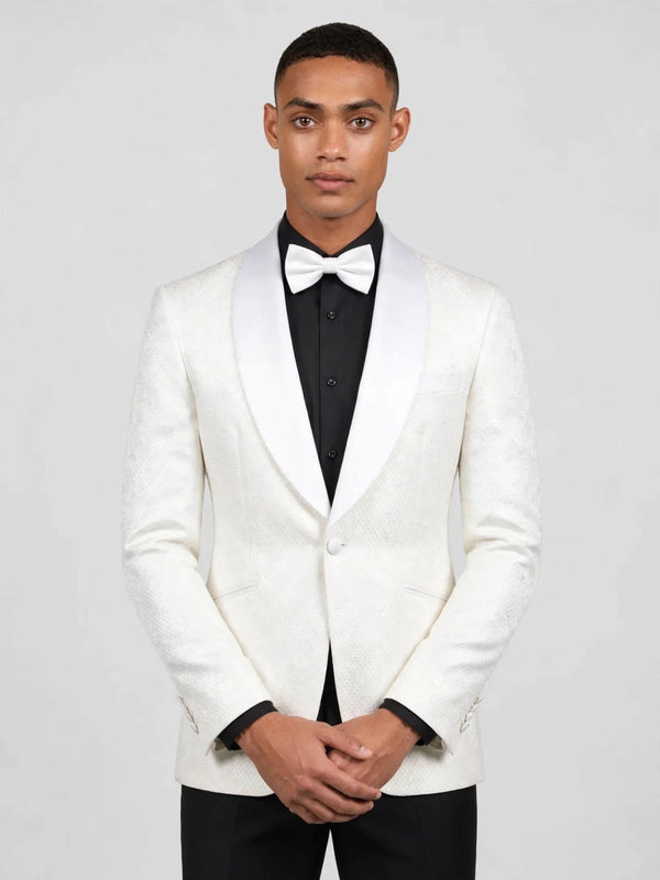 Ivory Diamond-Texture Satin Shawl-Collar Tuxedo Jacket 05