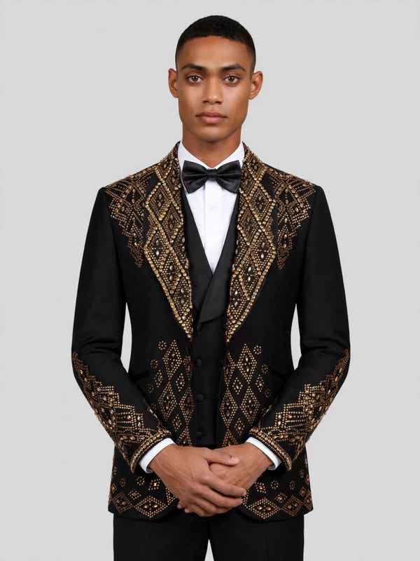 Onyx Gold Crystal Diamond-Lattice Peak-Lapel Tuxedo Jacket 02