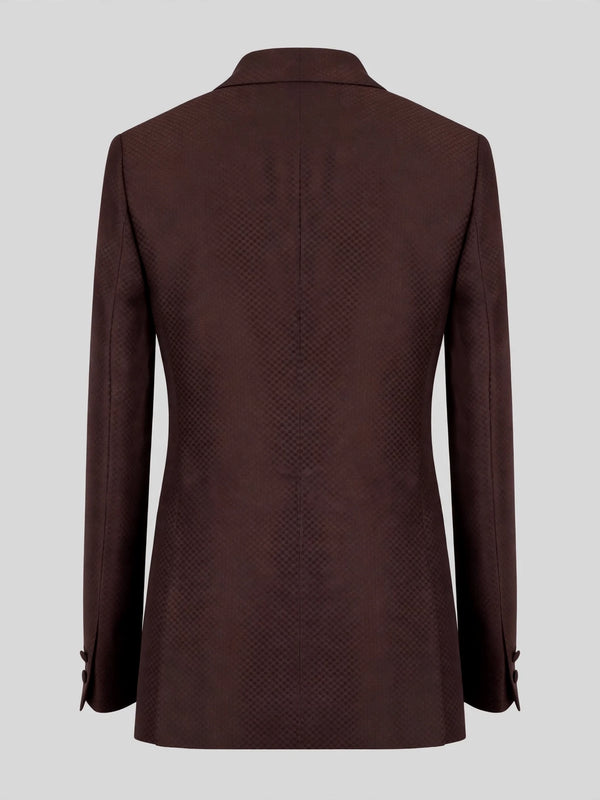 Chocolate Brown Diamond-Texture Shawl-Collar Tuxedo Jacket 09