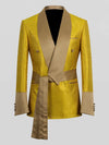 Mustard Gold Belted Satin Shawl-Collar Two-Button Double-Breasted Tuxedo Jacket 07