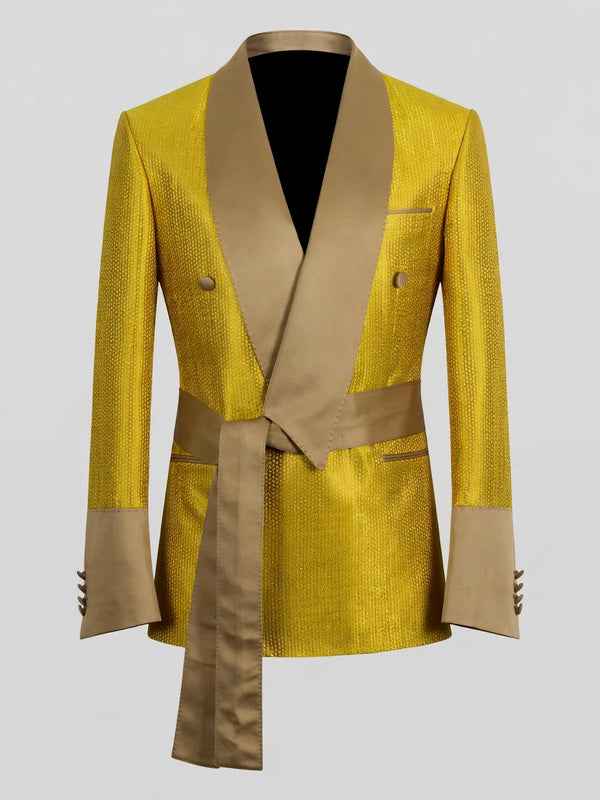 Mustard Gold Belted Satin Shawl-Collar Two-Button Double-Breasted Tuxedo Jacket 07