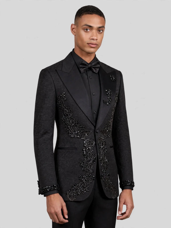 Onyx Jet Lace-Motif Peak-Lapel Tuxedo Jacket 06