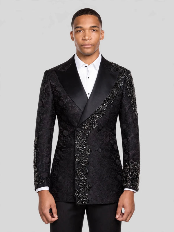 Onyx Silver Jet Diagonal Peak-Lapel Double-Breasted Tuxedo Jacket 01