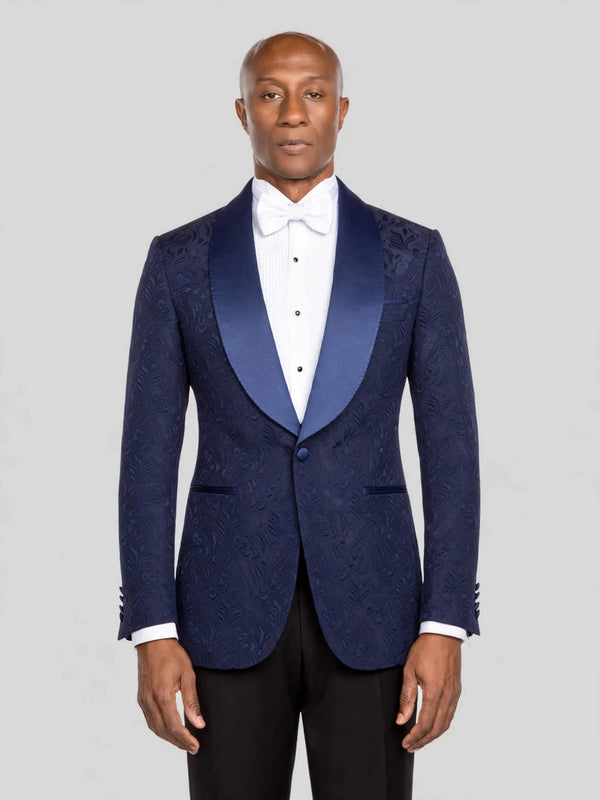 Navy Paisley-Jacquard Satin-Welt Shawl-Collar Tuxedo Jacket - cover