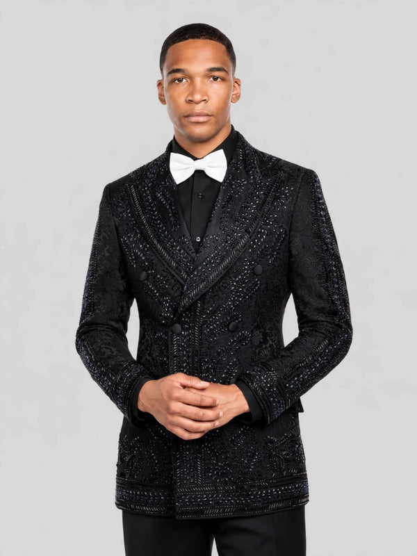 Onyx Jet Beaded Leaf-Scroll Peak-Lapel Double-Breasted Tuxedo Jacket 05