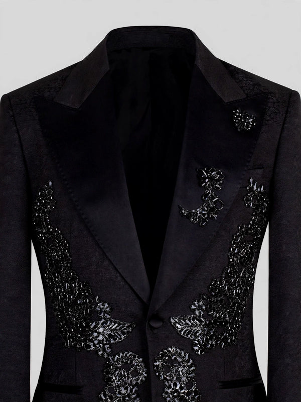 Onyx Jet Lace-Motif Peak-Lapel Tuxedo Jacket 08