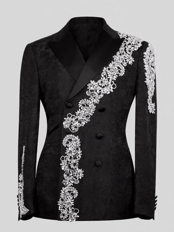 Onyx Silver Crystal Cascade Double-Breasted Tuxedo Jacket 07