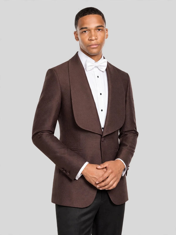 Chocolate Brown Diamond-Texture Shawl-Collar Tuxedo Jacket 03