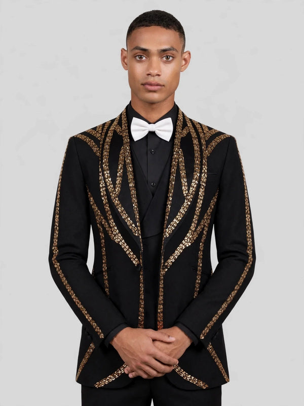 Onyx Gold Sequin Wave Peak-Lapel Tuxedo Jacket 05