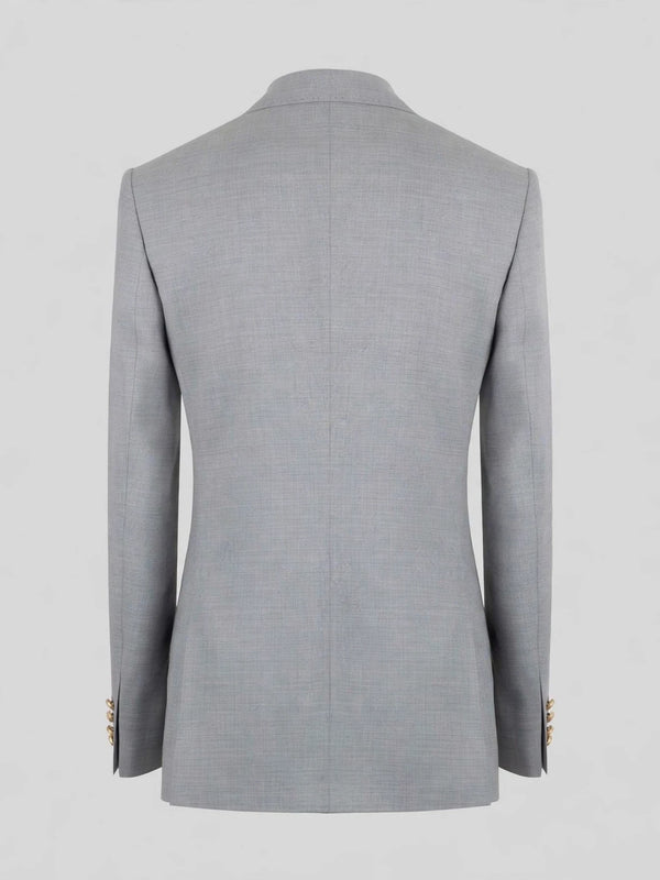 Silver Grey Gold-Button Ticket-Pocket Slant-Flap Peak-Lapel Double-Breasted Suit Jacket 09