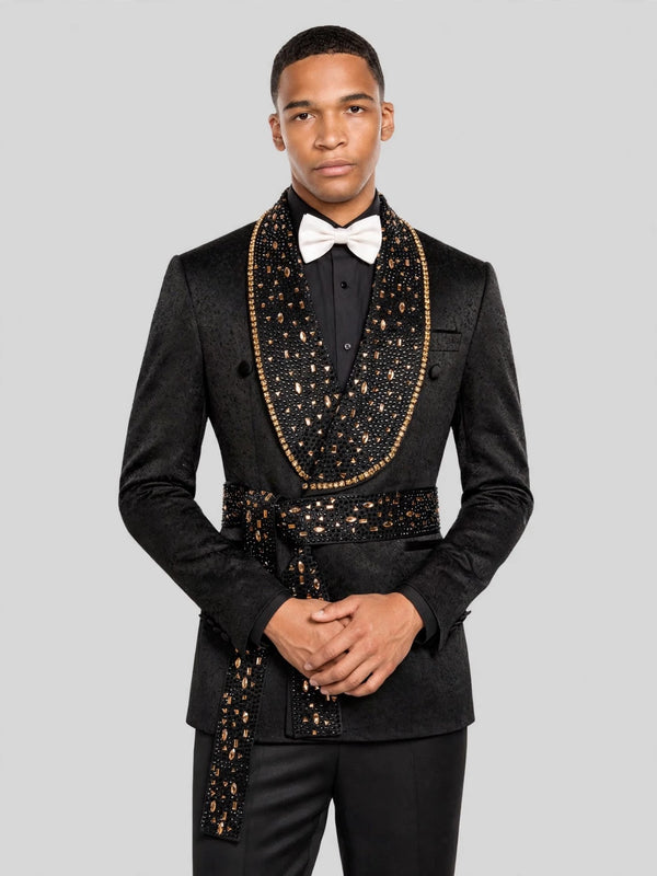 Onyx Gold Crystal Belted Shawl-Collar Double-Breasted Tuxedo Jacket 05