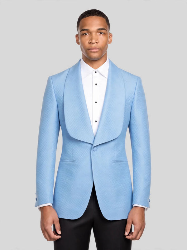 Sky Blue Diamond-Texture Shawl-Collar Tuxedo Jacket 01
