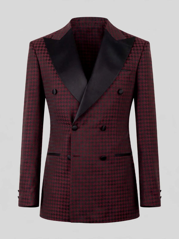 Burgundy Black Houndstooth Satin Peak-Lapel Double-Breasted Tuxedo Jacket 07