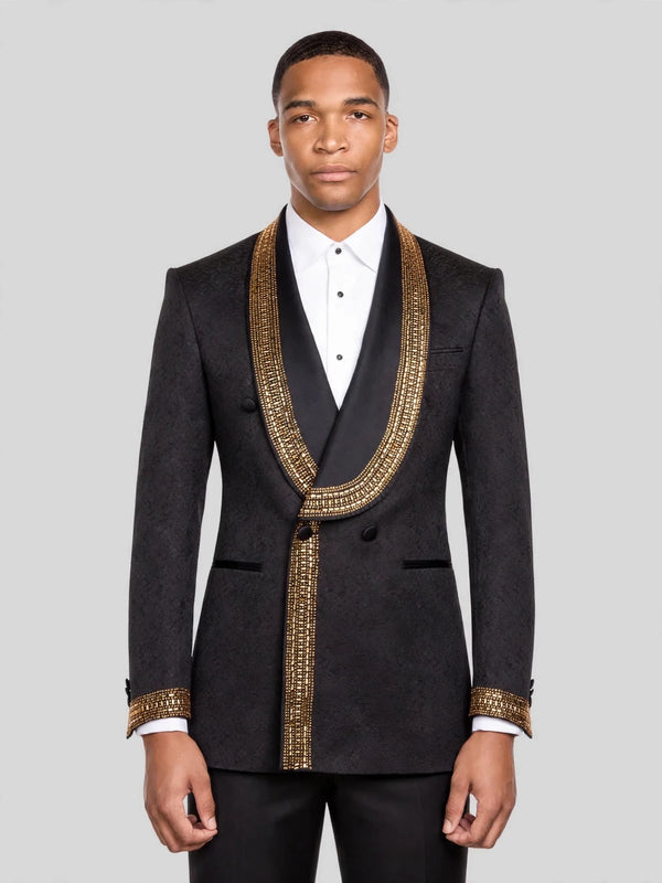 Onyx Gold Beaded-Grid Shawl-Collar Double-Breasted Tuxedo Jacket 01