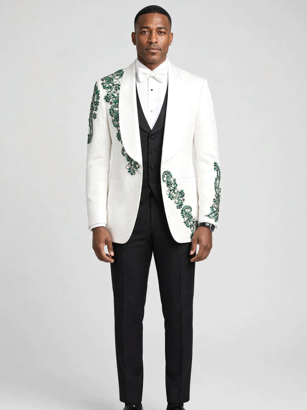 Ivory Emerald Crystal Shawl-Collar Tuxedo Jacket - cover