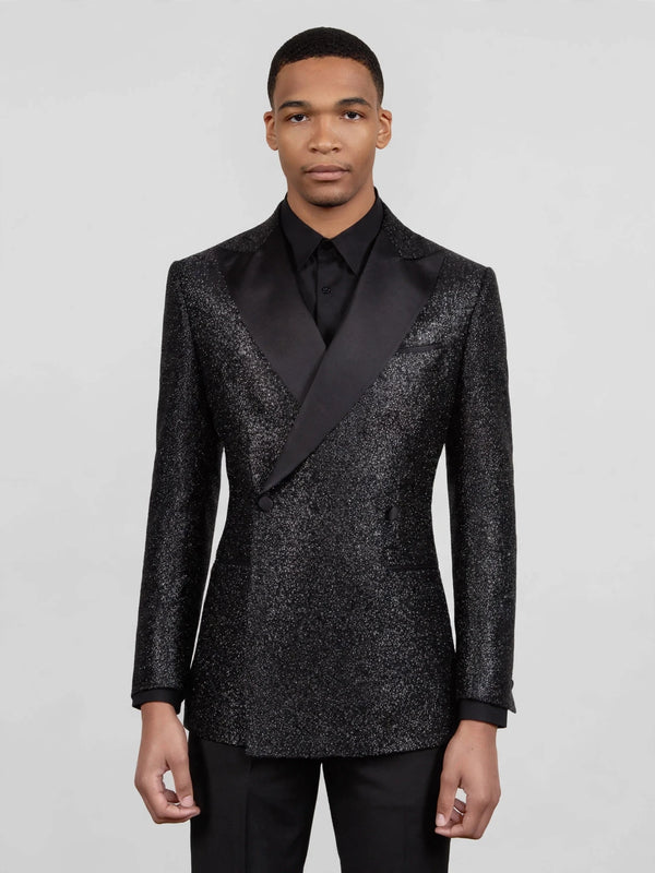 Onyx Silver-Speckle Satin Peak-Lapel Two-Button Double-Breasted Tuxedo Jacket 04