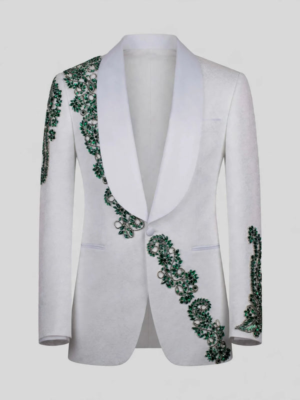 Ivory Emerald Crystal Vine Shawl-Collar Tuxedo Jacket 07