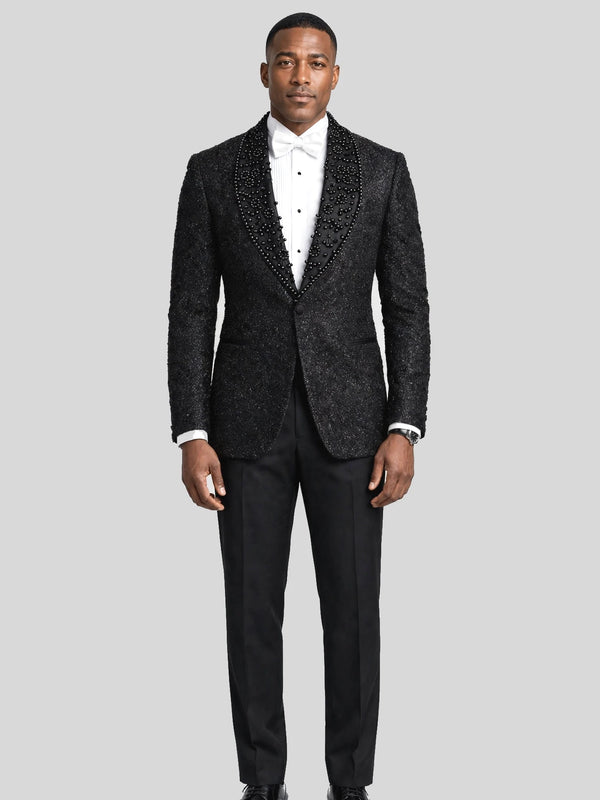 Onyx Jet Floral Shawl-Collar Tuxedo Jacket - cover
