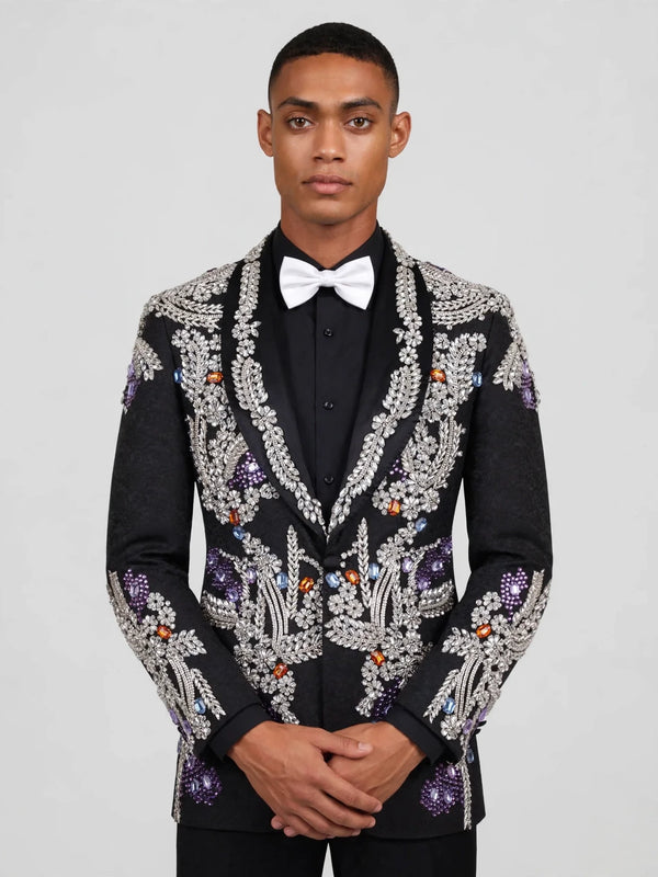 Onyx Silver Gem-Floral Shawl-Collar Tuxedo Jacket 05