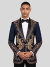 Midnight Navy Gold Crystal Floral Shawl-Collar Tuxedo Jacket 02