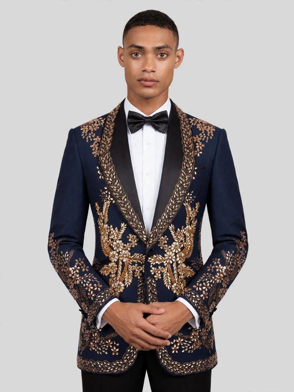 Midnight Navy Gold Crystal Floral Shawl-Collar Tuxedo Jacket 02