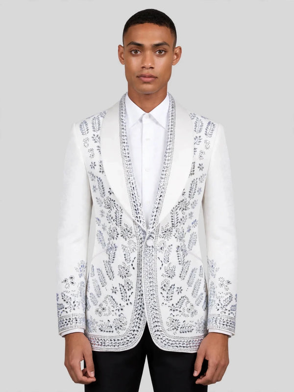 Ivory Silver Crystal Floral Shawl-Collar Tuxedo Jacket 01