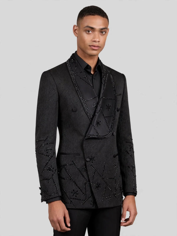 Onyx Jet Constellation-Bead Shawl-Collar Double-Breasted Tuxedo Jacket 04