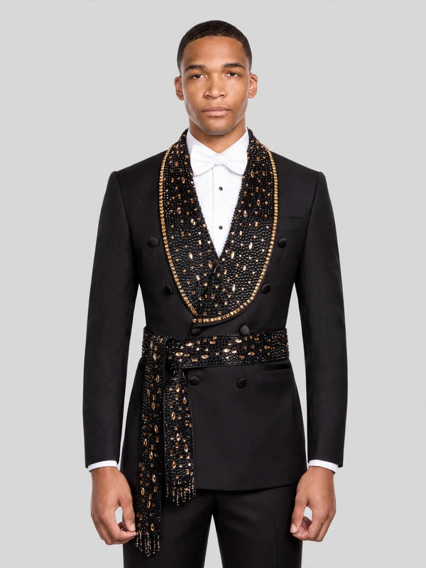 Onyx Gold Crystal Belted Shawl-Collar Double-Breasted Tuxedo Jacket 03